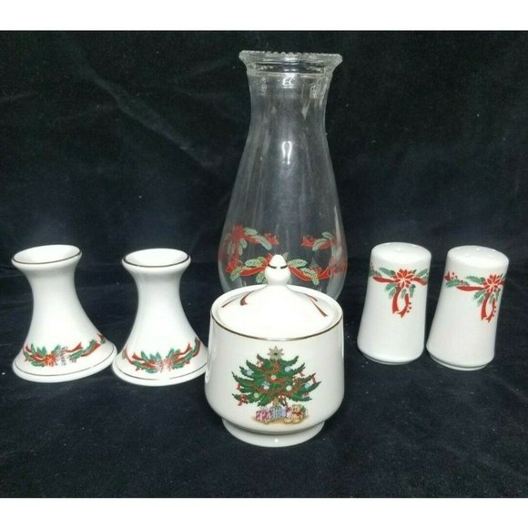 Poinsettia & Ribbons Christmas Fine China Lot of 6 Accessories Pieces